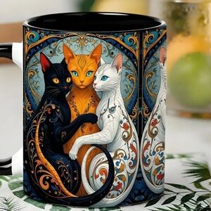 Artistic Cat Mug with Black, Orange, and White Cats